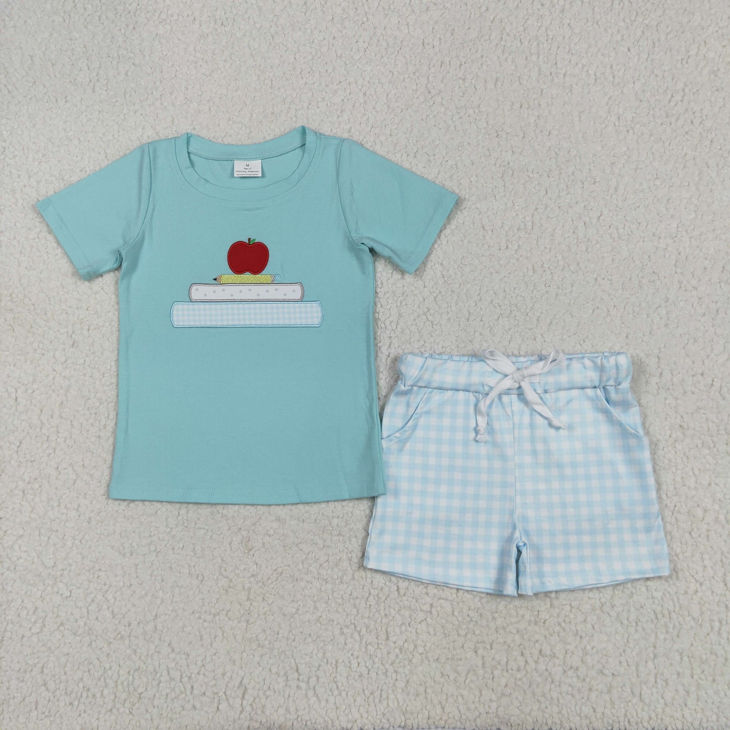 Book Apple Embroidery Top Plaid Shorts Kids Back to School Clothes Set Sibling Wear