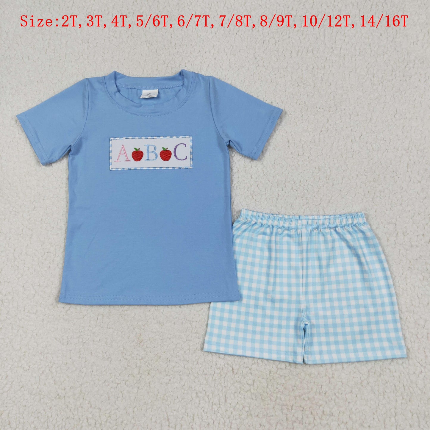 BSSO1331 ABC Apple Embroidery Blue Top Plaid Shorts Boys Back to School Clothes Set