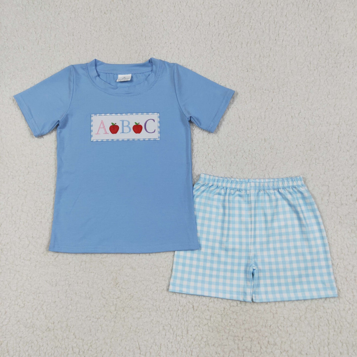 BSSO1331 ABC Apple Embroidery Blue Top Plaid Shorts Boys Back to School Clothes Set