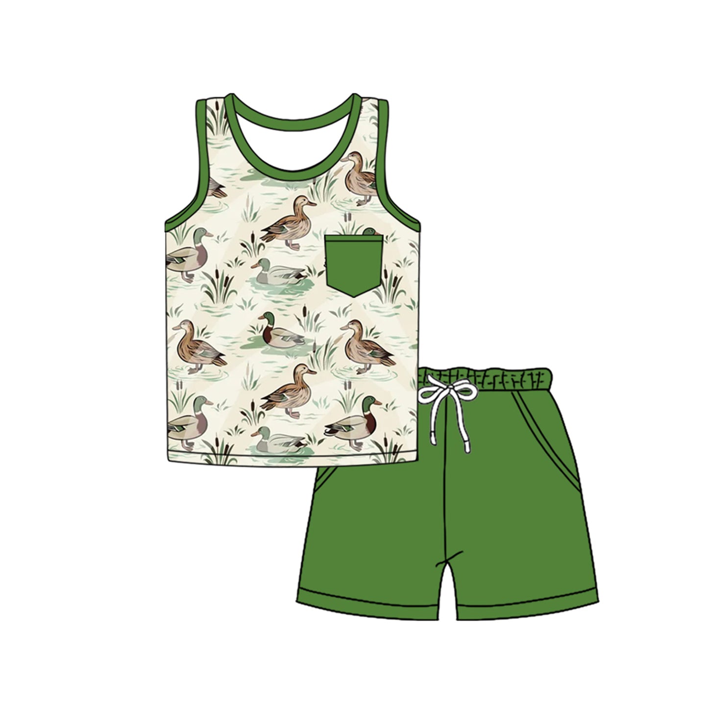 (Pre-order)BSSO1340 Duck Pocket Vest Top Green Shorts Boys Summer Clothes Set