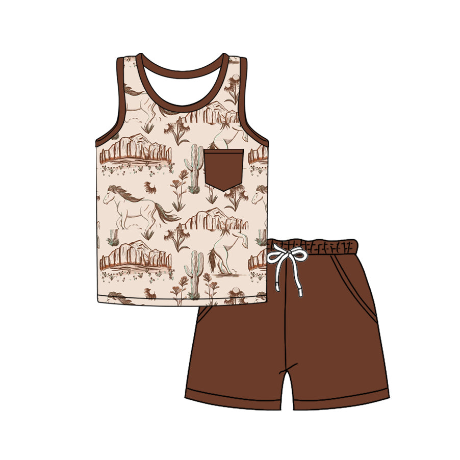 (Pre-order)BSSO1341 Horse Pocket Vest Top Brown Shorts Boys Summer Clothes Set