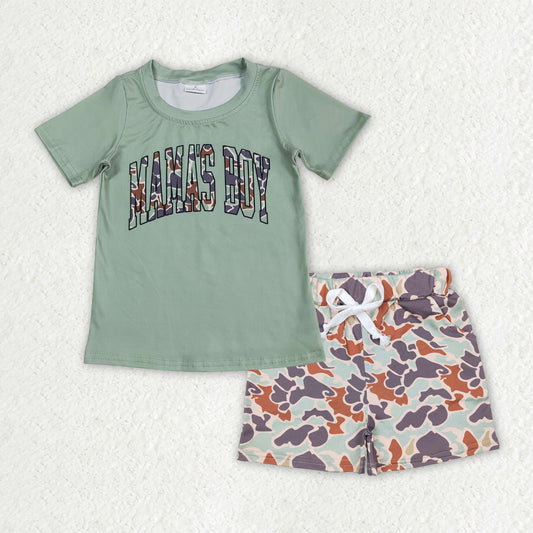 BSSO1344  MAMA'S BOY Green Top Camo Shorts Boys Summer Clothes Set
