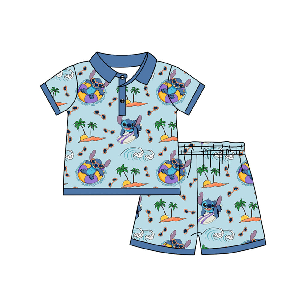 (Pre-order)BSSO1351 Cartoon Stitc* Blue Print Shorts Boys Summer Clothes Set