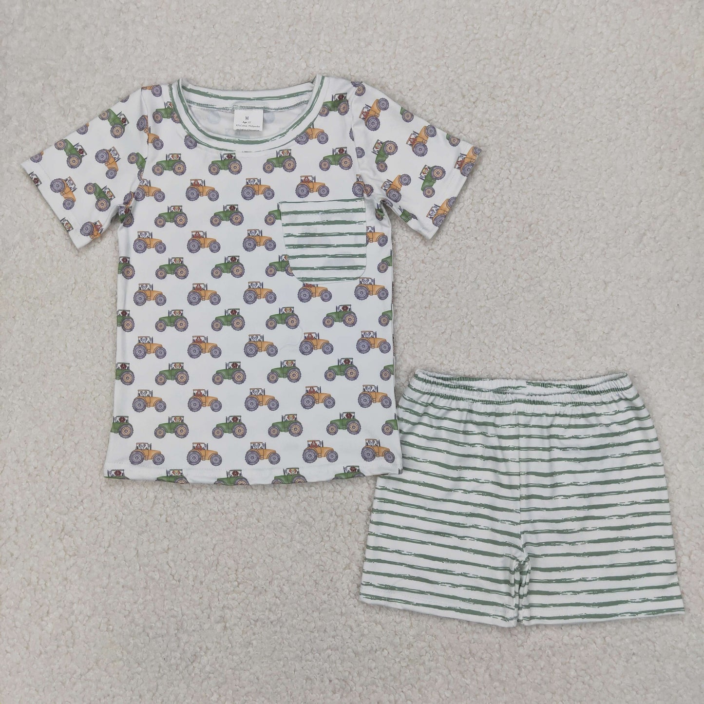 BSSO1354  Tractors Pocket Top Stripes Shorts Boys Summer Clothes Set