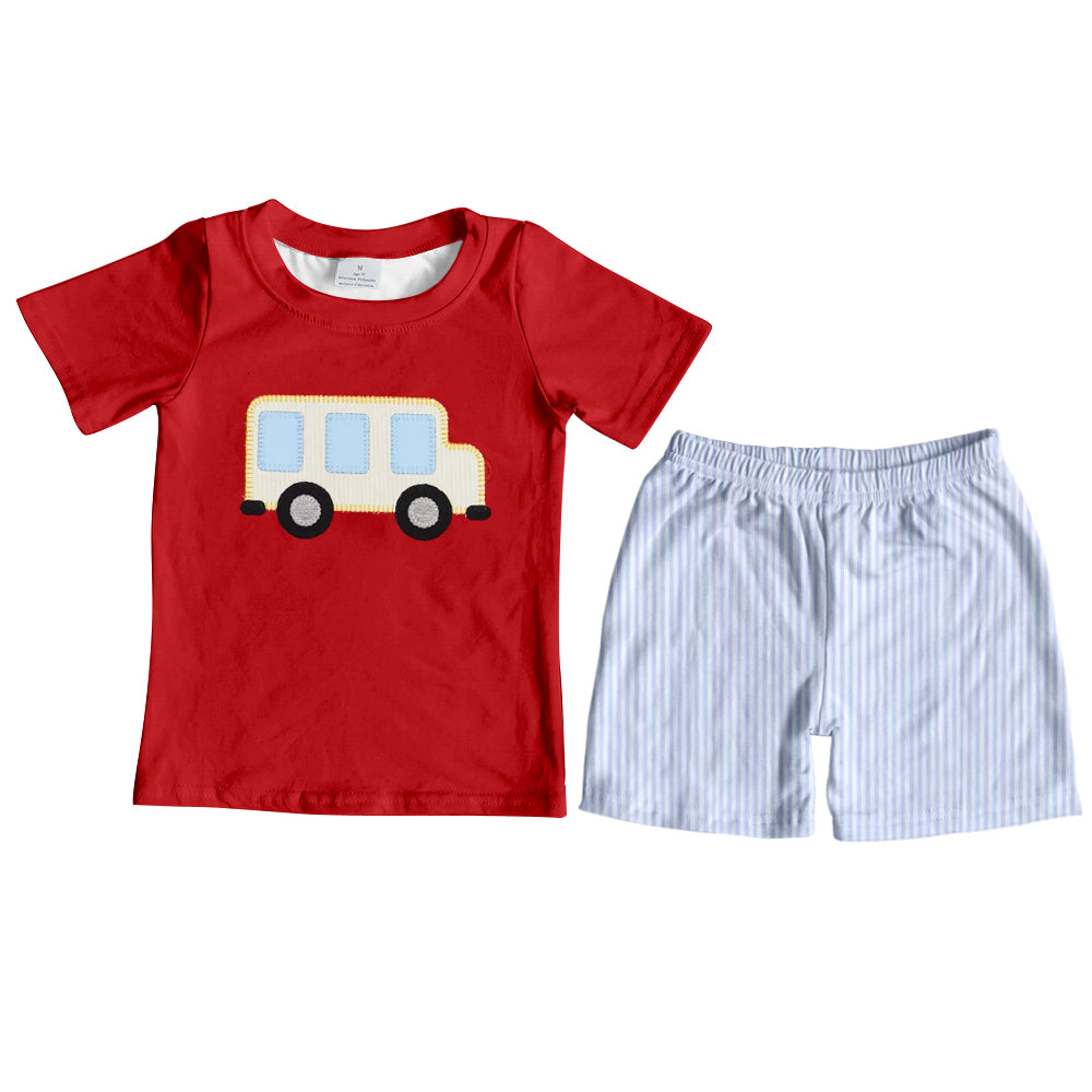 (Pre-order)BSSO1360 School Bus Red Top Stripes Shorts Boys Back to School Clothes Set