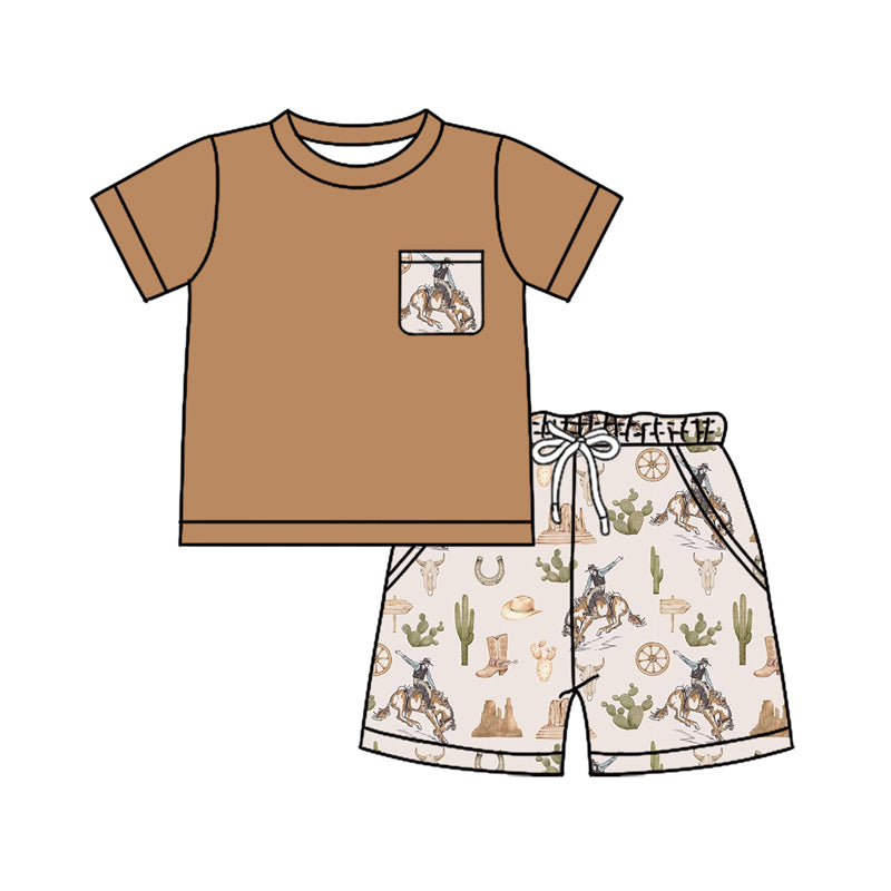 (Pre-order)BSSO1372 Brown Pocket Top Cowboy Cactus Shorts Boys Summer Clothes Set