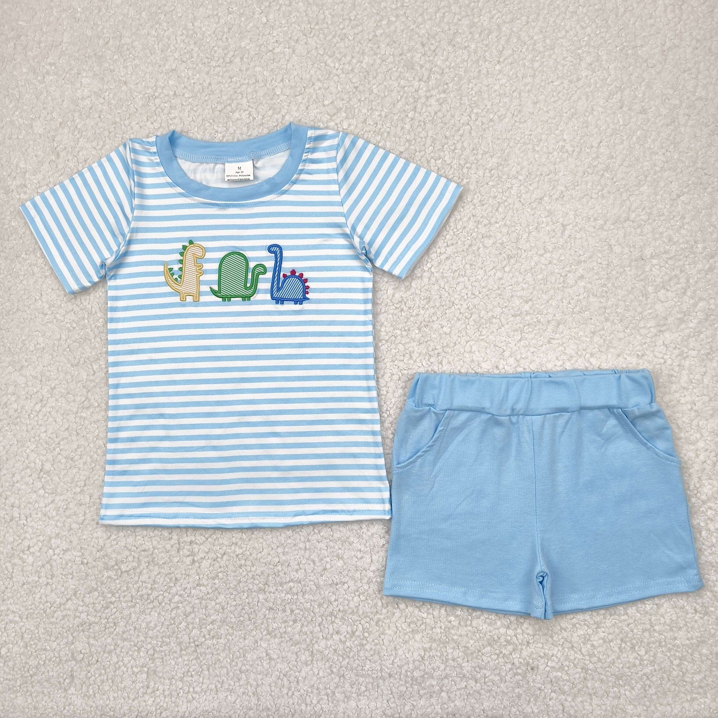 BSSO1375 Dino Embroidery Stripes Top Blue Pockets Shorts Boys Summer Clothes Set