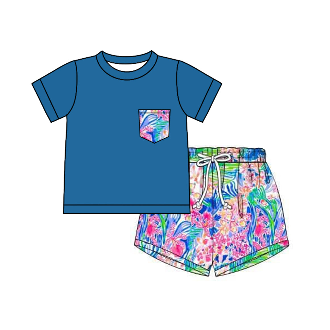 (Pre-order)BSSO1379 Blue Pocket Top Seaweed Shorts Boys Summer Clothes Set
