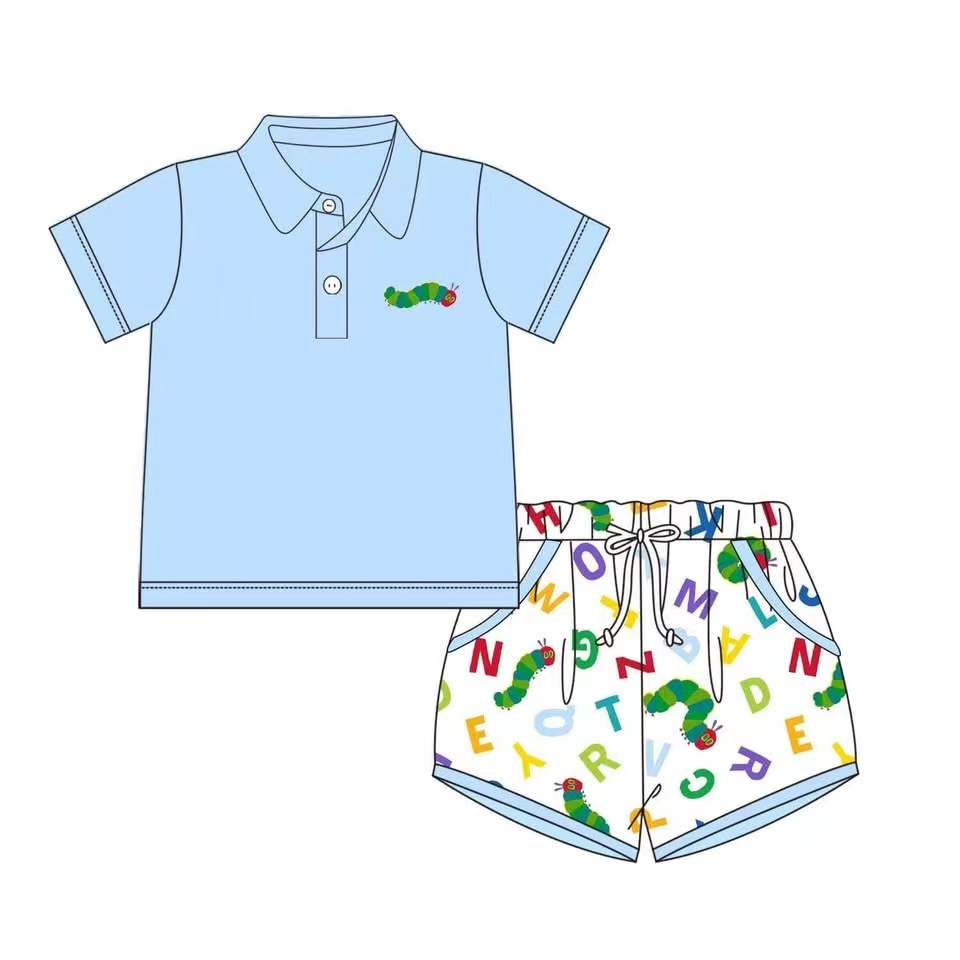 (Pre-order)BSSO1396 Blue Polo Top I'm Hungry Caterpillar Shorts Boys Summer Clothes Set