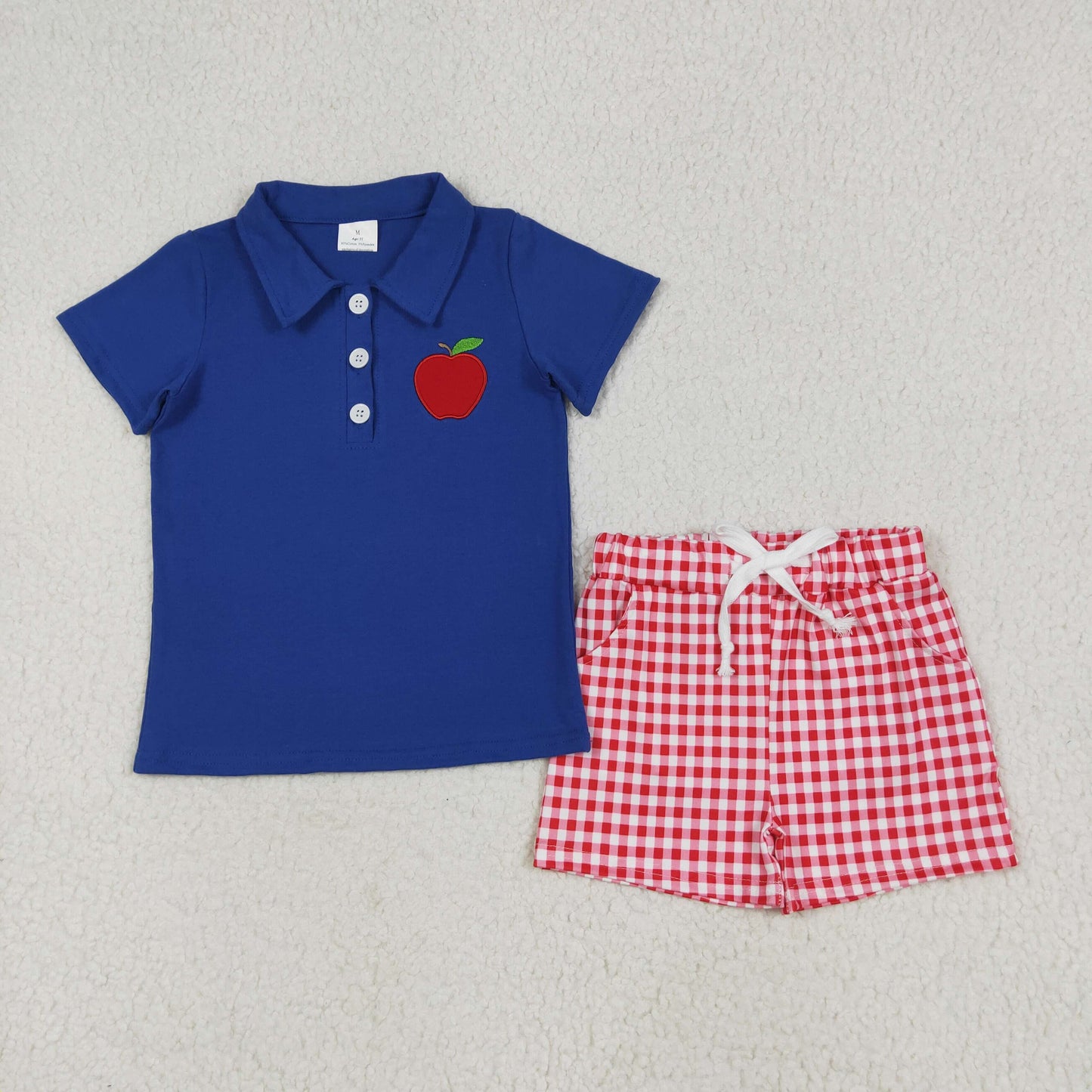 Apple Embroidery Blue Top Red Plaid Shorts Kids Back to School Clothes Sibling Wear