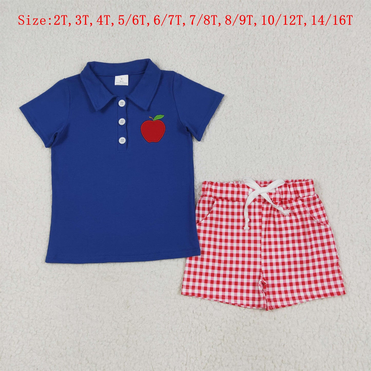BSSO1397 Apple Embroidery Blue Polo Top Red Plaid Shorts Boys Back to School Clothes Set