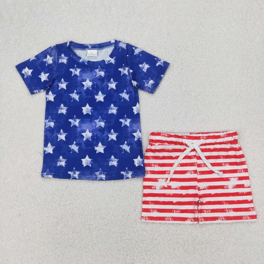 BSSO1405  Stars Blue Top Stripes Shorts Kids 4th of July Clothes Set