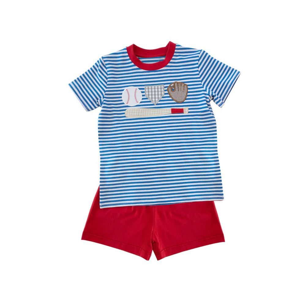 (Pre-order)BSSO1406 Baseball Stripes Top Red Shorts Boys Summer Clothes Set
