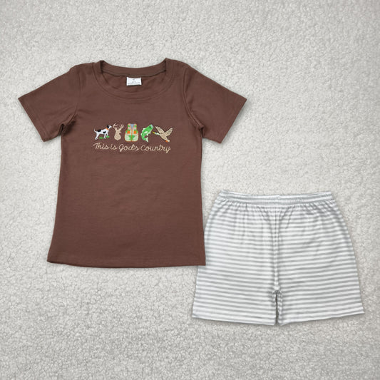 BSSO1410 Hunting Embroidery Brown Top Stripes Shorts Boys Summer Clothes Set