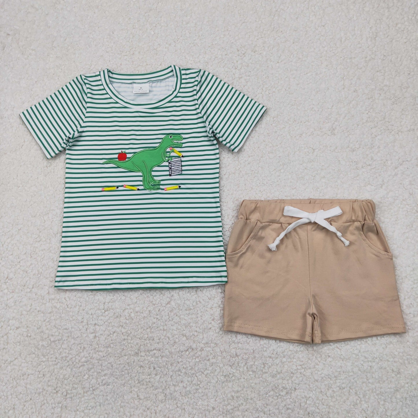 BSSO1416 Dino Embroidery Green Top Pockets Shorts Boys Back to School Clothes Set