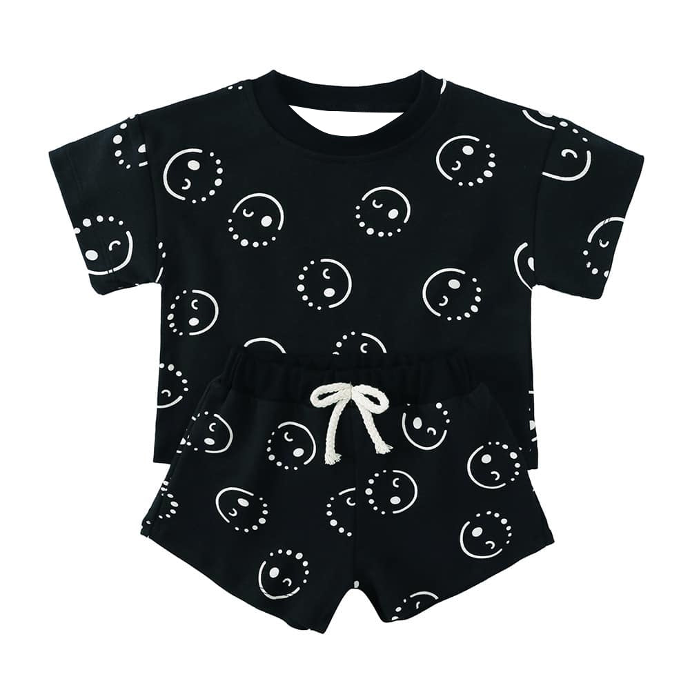 (Pre-order)BSSO1424 Smiling Face Black Print Boys Summer Clothes Set