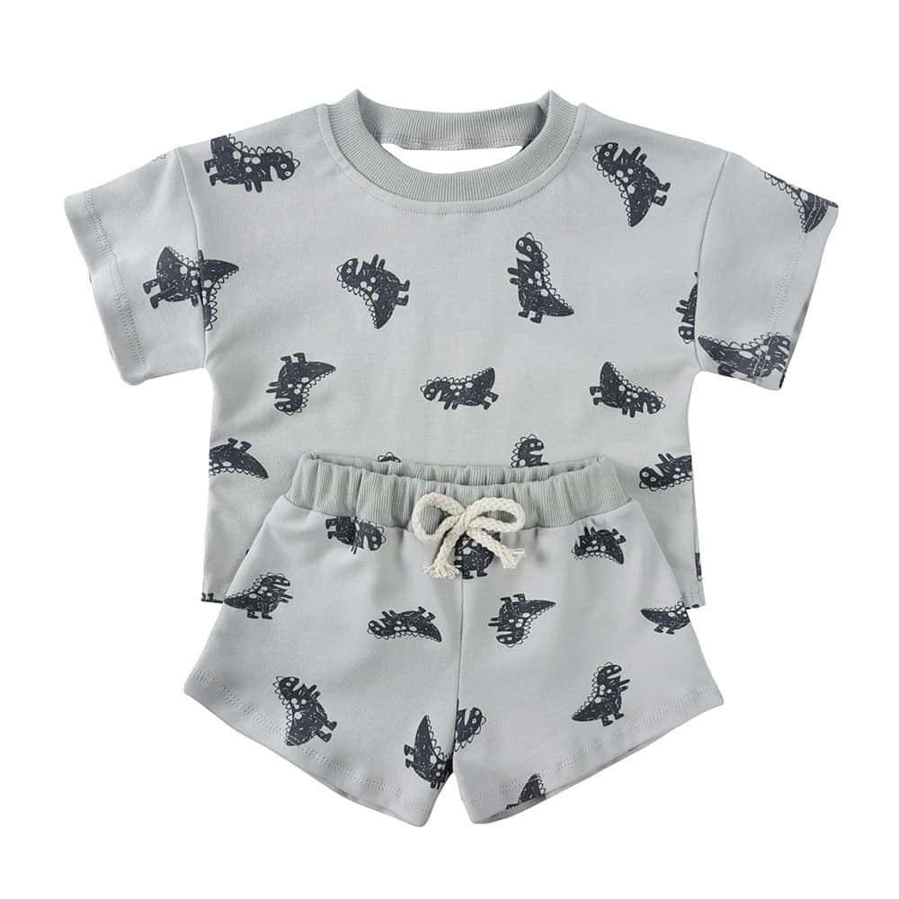 (Pre-order)BSSO1427 Dino Grey Print Boys Summer Clothes Set