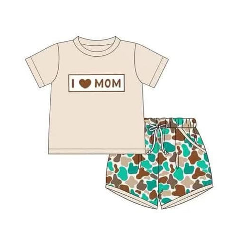 (Pre-order)BSSO1431 I LOVE MOM Khaki Top Camo Shorts Boys Summer Clothes Set
