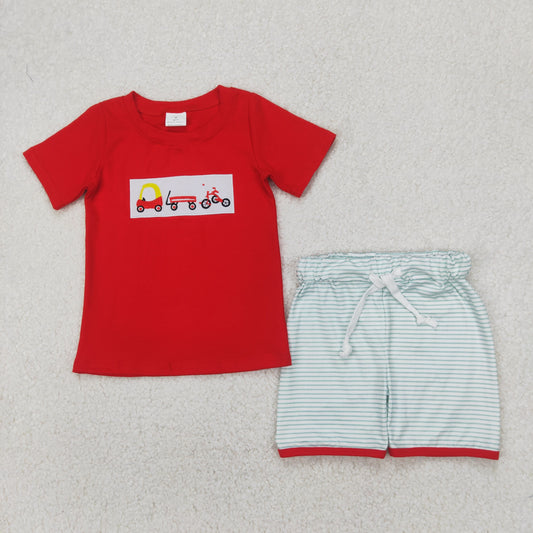 BSSO1432 Baby Trucks Embroidery Red Top Stripes Shorts Boys Summer Clothes Set