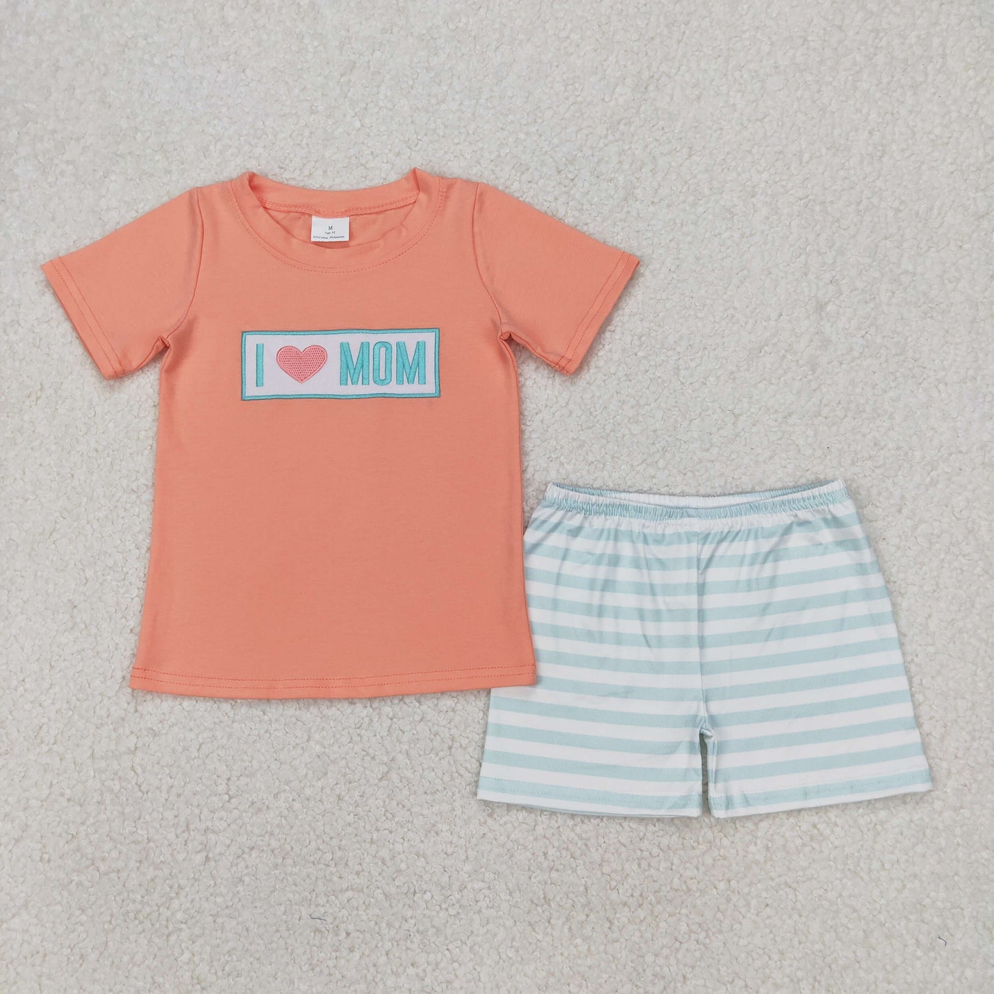 BSSO1435 I LOVE MOM Embroidery Orange Top Stripes Shorts Boys Summer Clothes Set