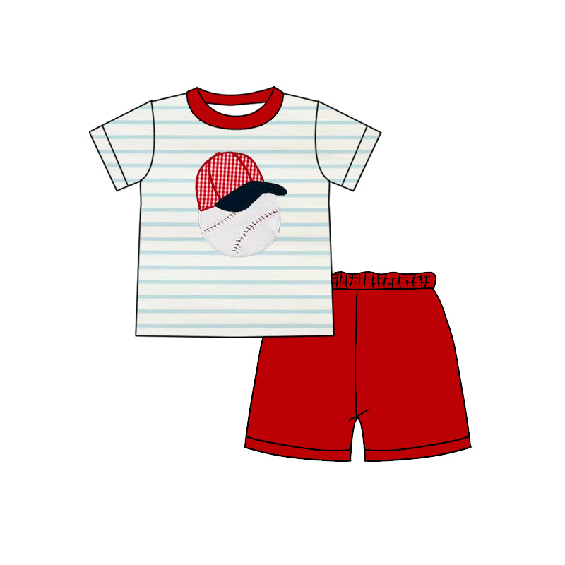(Pre-order)BSSO1448 Baseball Stripes Top Red Shorts Boys Summer Clothes Set
