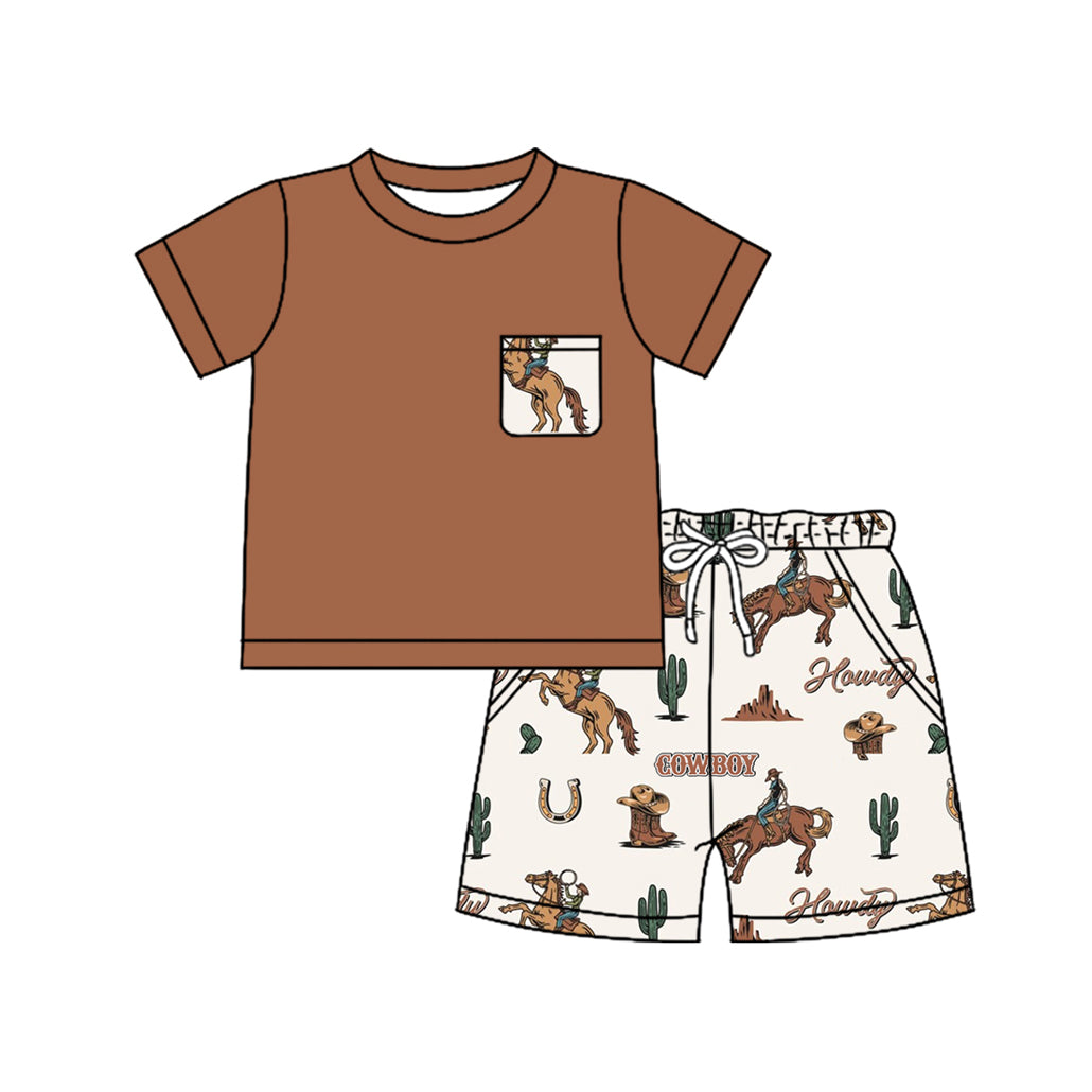 (Pre-order)BSSO1449 Brown Pocket Top Cowboy Howdy Brown Shorts Boys Summer Clothes Set