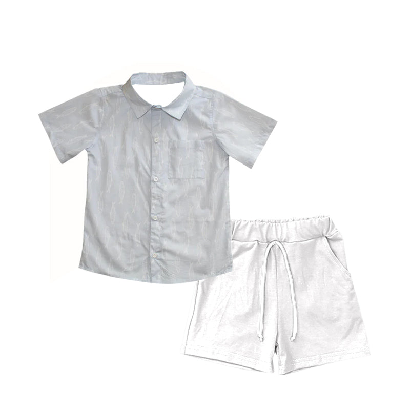 (Pre-order)BSSO1456 Fish Grey Top White Shorts Boys Summer Clothes Set