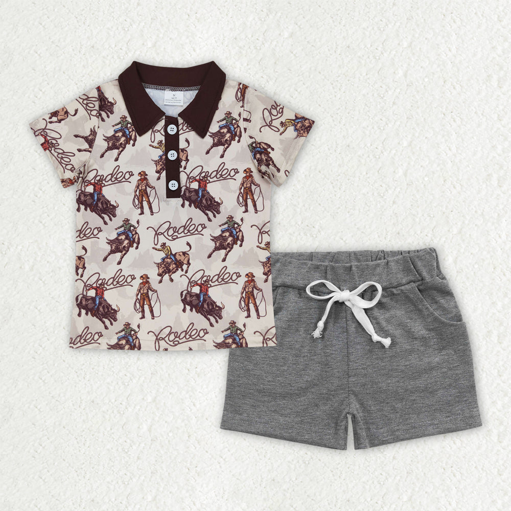 BSSO1466 Rodeo Top Grey Shorts Boys Summer Western Clothes Set
