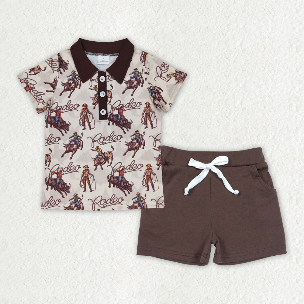 BSSO1467 Rodeo Top Brown Shorts Boys Summer Western Clothes Set