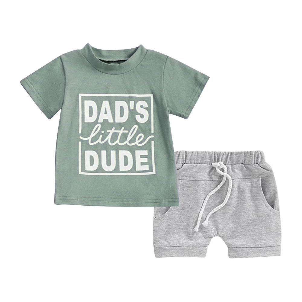 (Pre-order)BSSO1477 DAD'S Little DUDE Green Top Grey Shorts Boys Summer Clothes Set