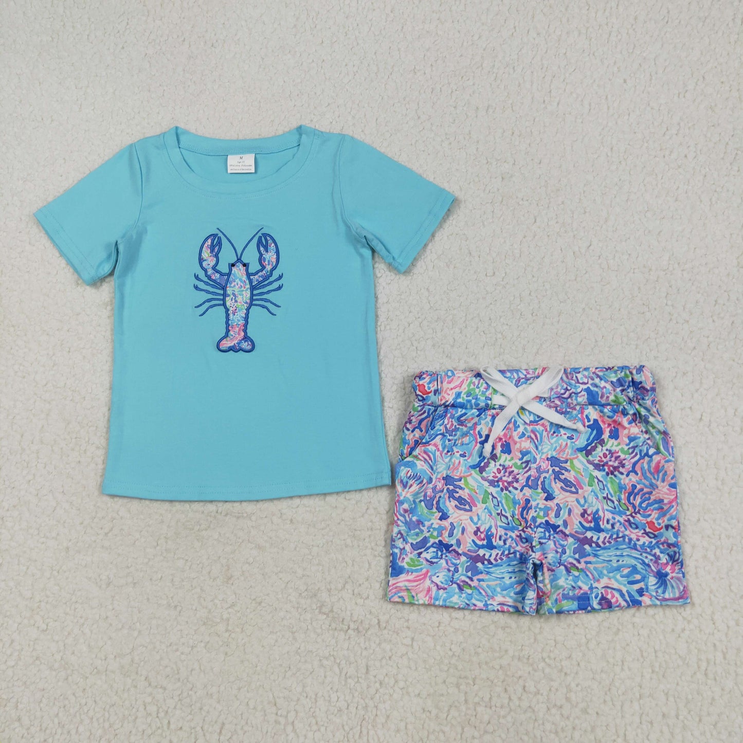 Crayfish Seaweed Embroidery Kids Summer Clothes Sibling Matching Wear