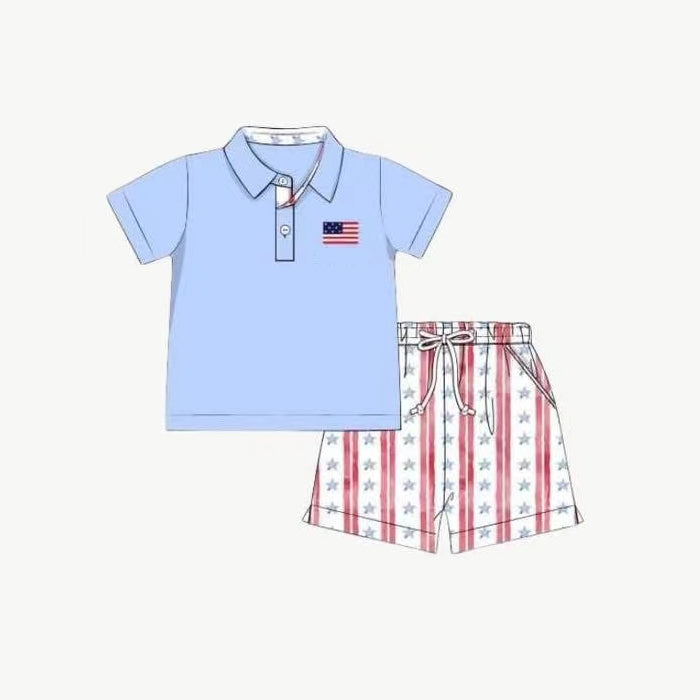(Pre-order)BSSO1480 Flag Polo Blue Top Stars Shorts Boys 4th of July Clothes Set