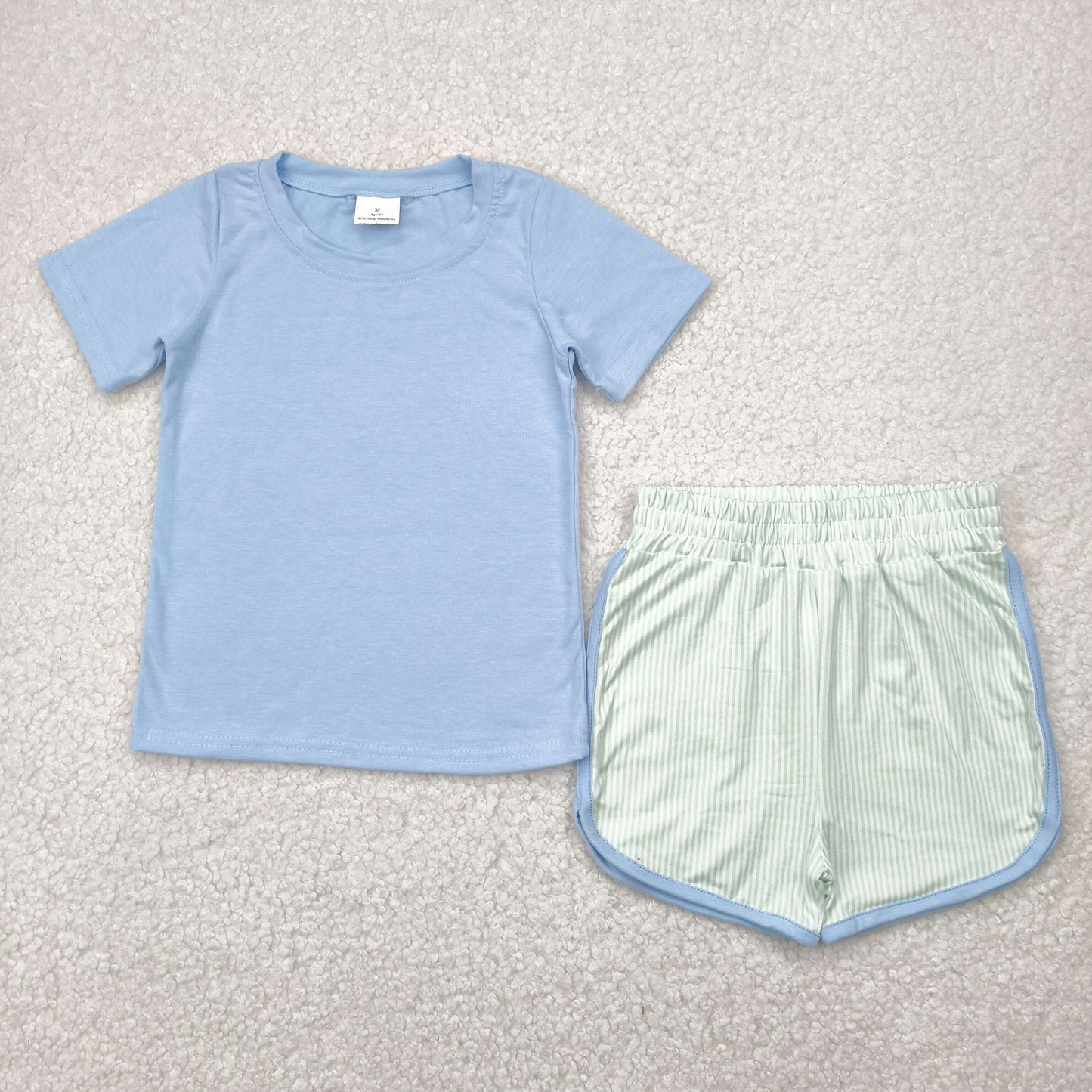 BSSO1481 Blue Top Green Stripes Shorts Boys Summer Clothes Set