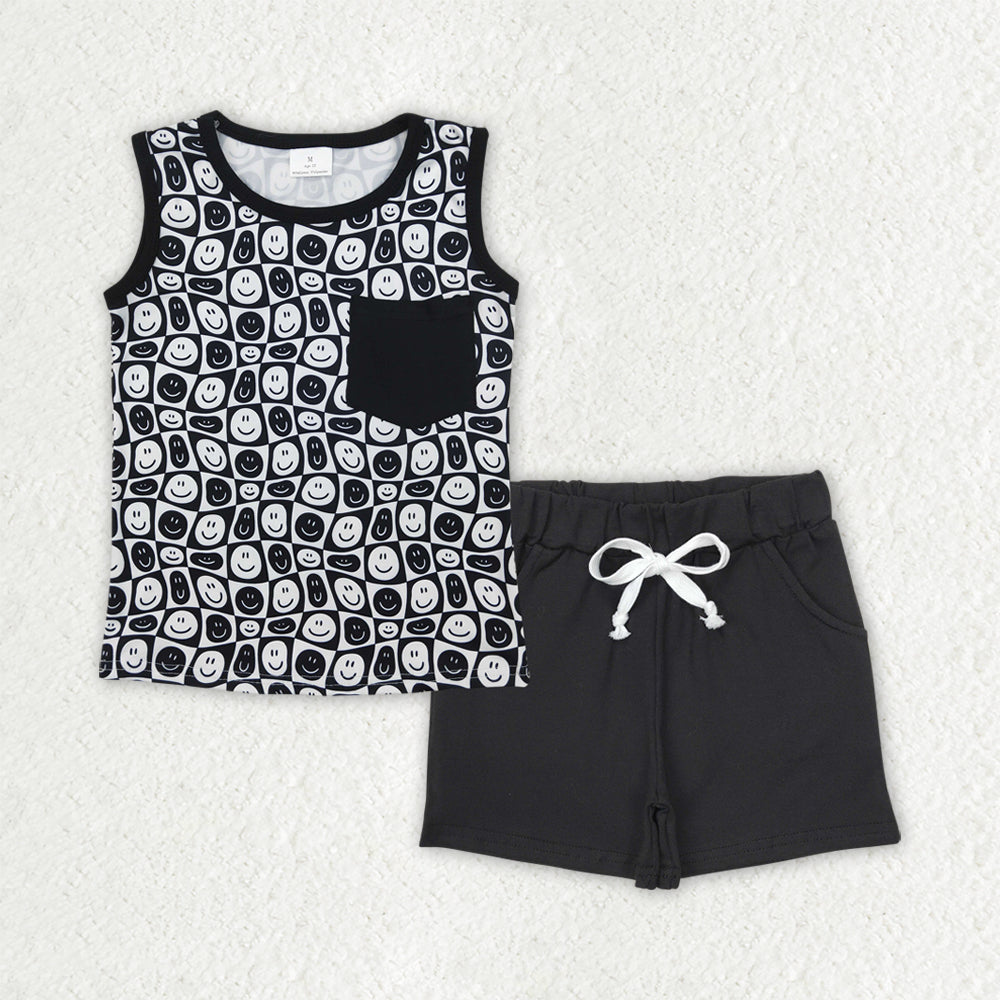 BSSO1483  Smiling Face Plaid Top Black Shorts Boys Summer Clothes Set