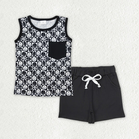 BSSO1483  Smiling Face Plaid Top Black Shorts Boys Summer Clothes Set
