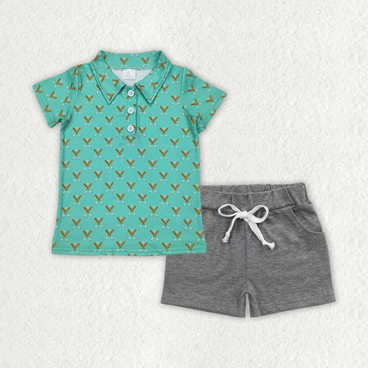 BSSO1484  Baseball Polo Top Grey Shorts Boys Summer Clothes Set