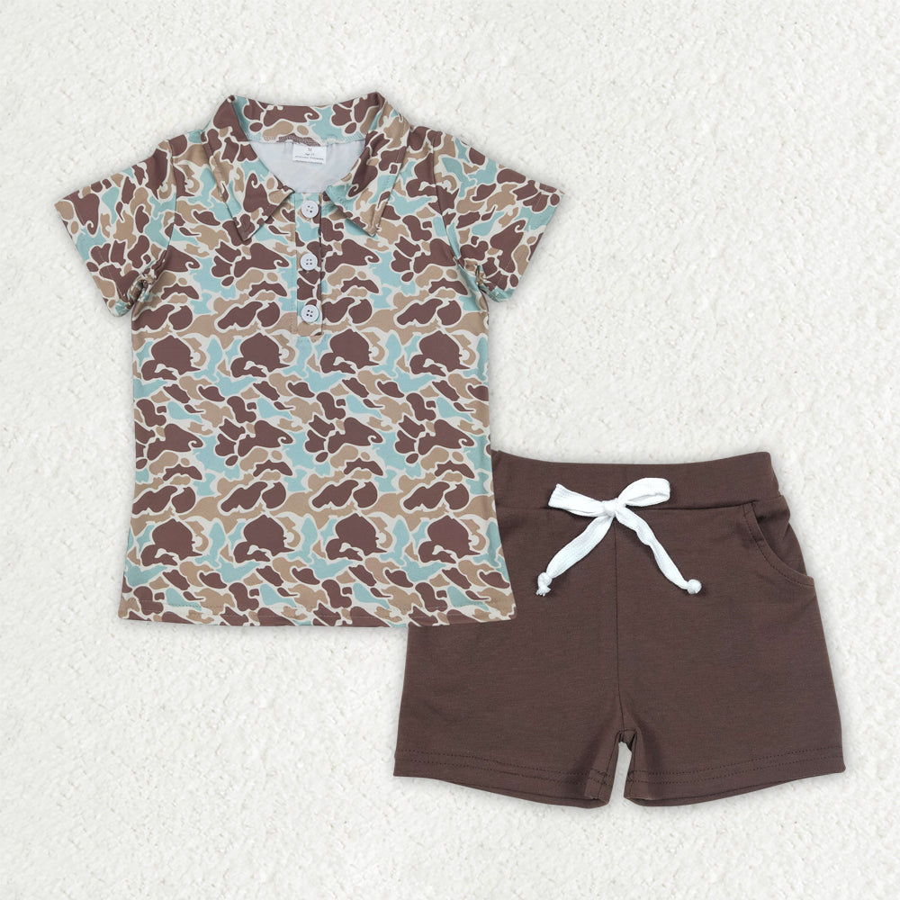 BSSO1486 Camo Polo Top Brown Shorts Boys Summer Clothes Set