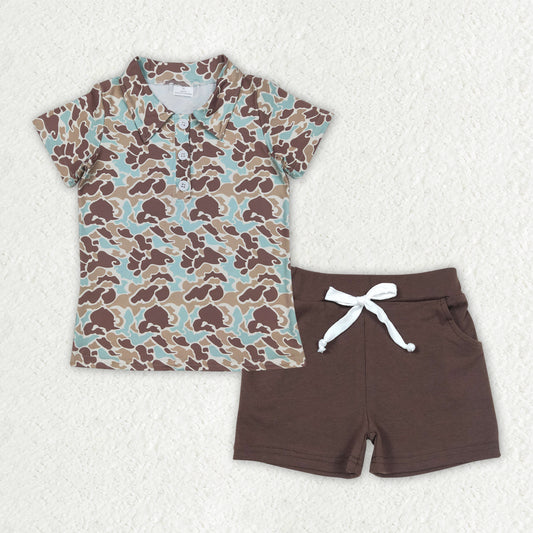 BSSO1486  Camo Polo Top Brown Shorts Boys Summer Clothes Set