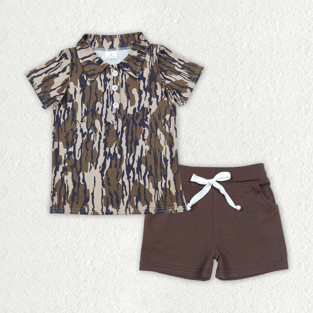 BSSO1489 Camo Polo Top Brown Pockets Shorts Boys Summer Clothes Set