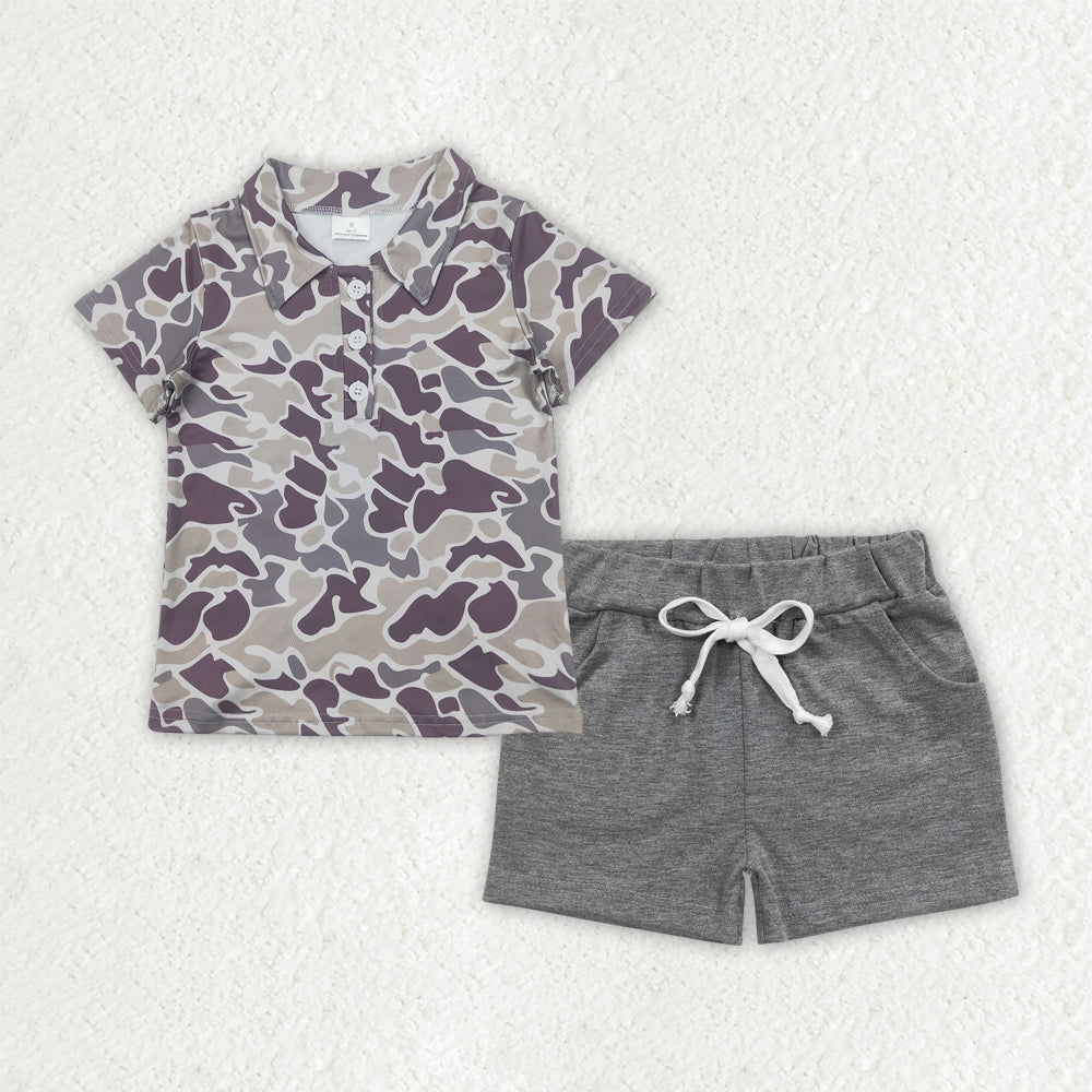 BSSO1490 Camo Polo Top Grey Pockets Shorts Boys Summer Clothes Set