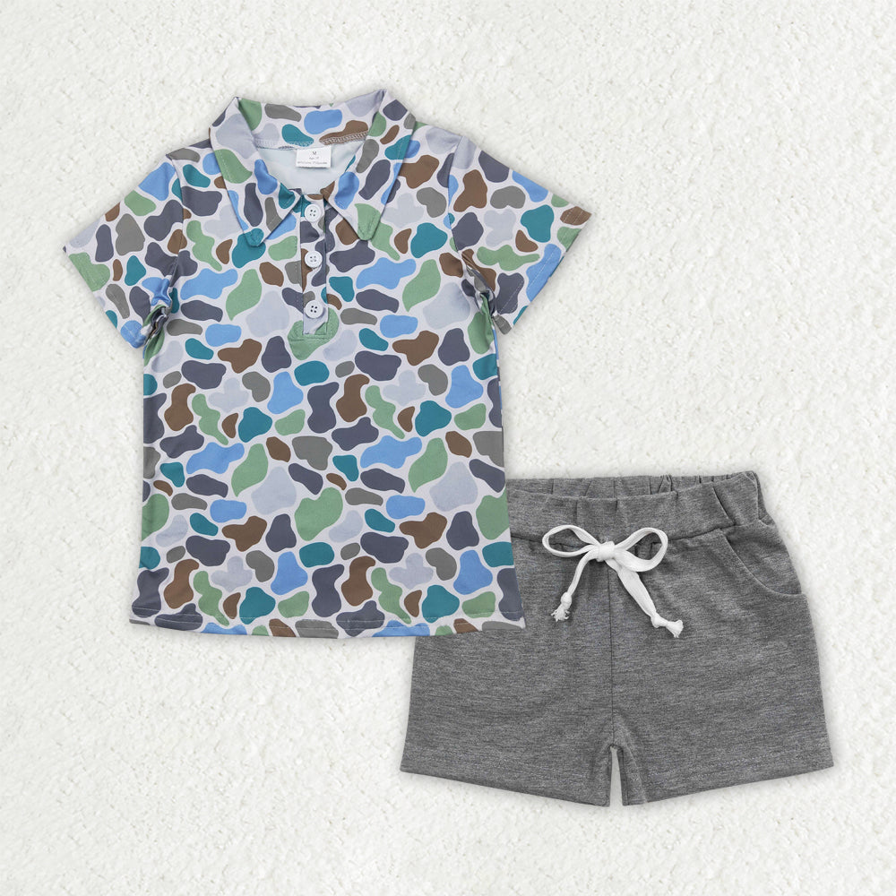 BSSO1491 Blue Camo Polo Top Grey Pockets Shorts Boys Summer Clothes Set