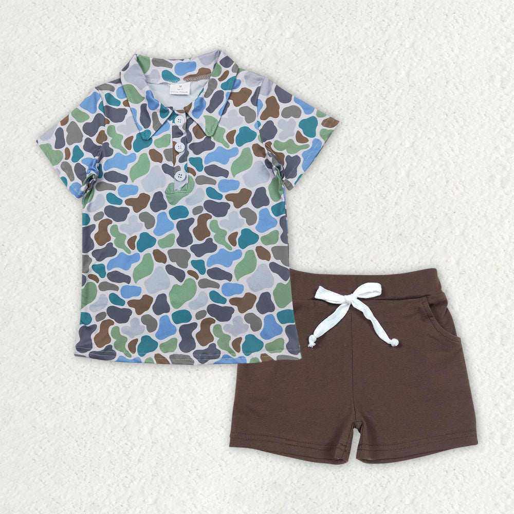 BSSO1492 Blue Camo Polo Top Brown Pockets Shorts Boys Summer Clothes Set