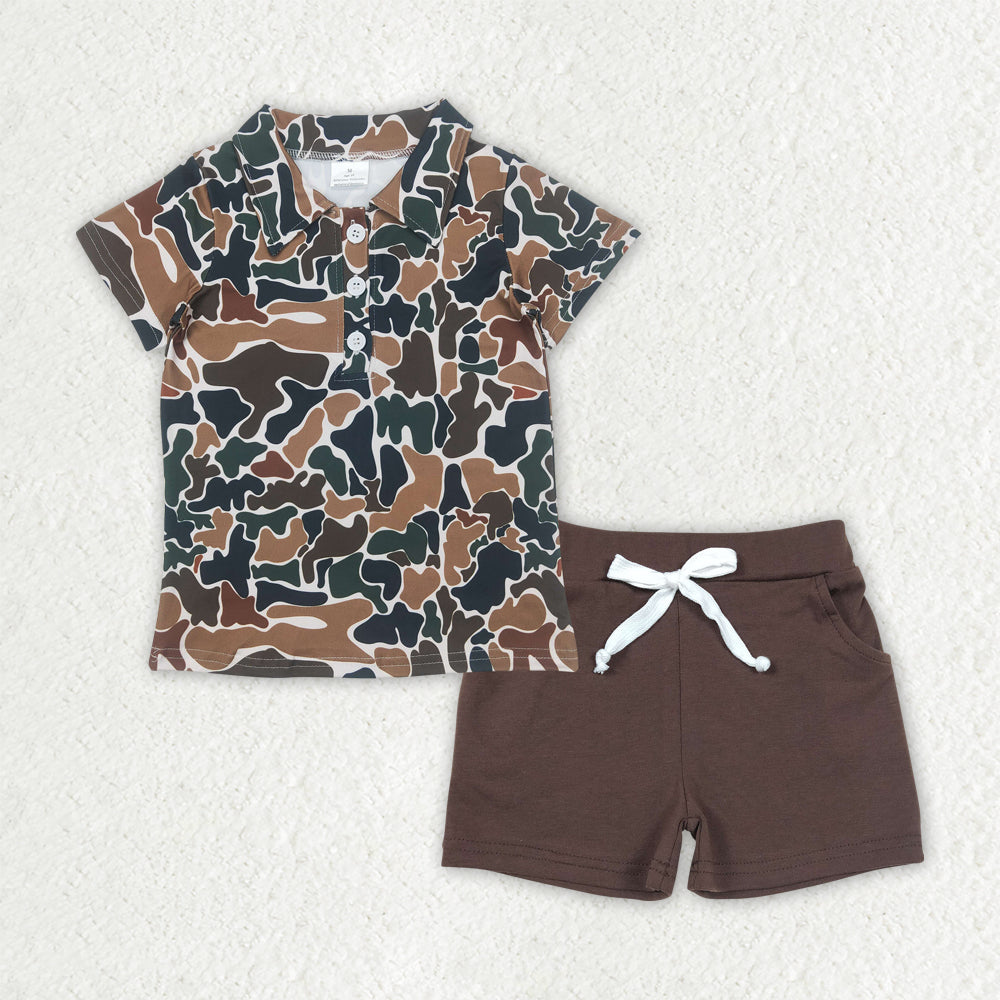 BSSO1493 Brown Camo Polo Top Pockets Shorts Boys Summer Clothes Set