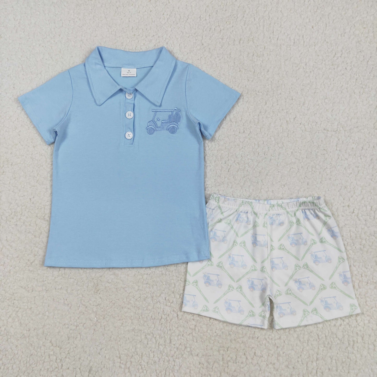 BSSO1494 Embroidery Blue Polo Top Golf Trucks Shorts Boys Summer Clothes Set