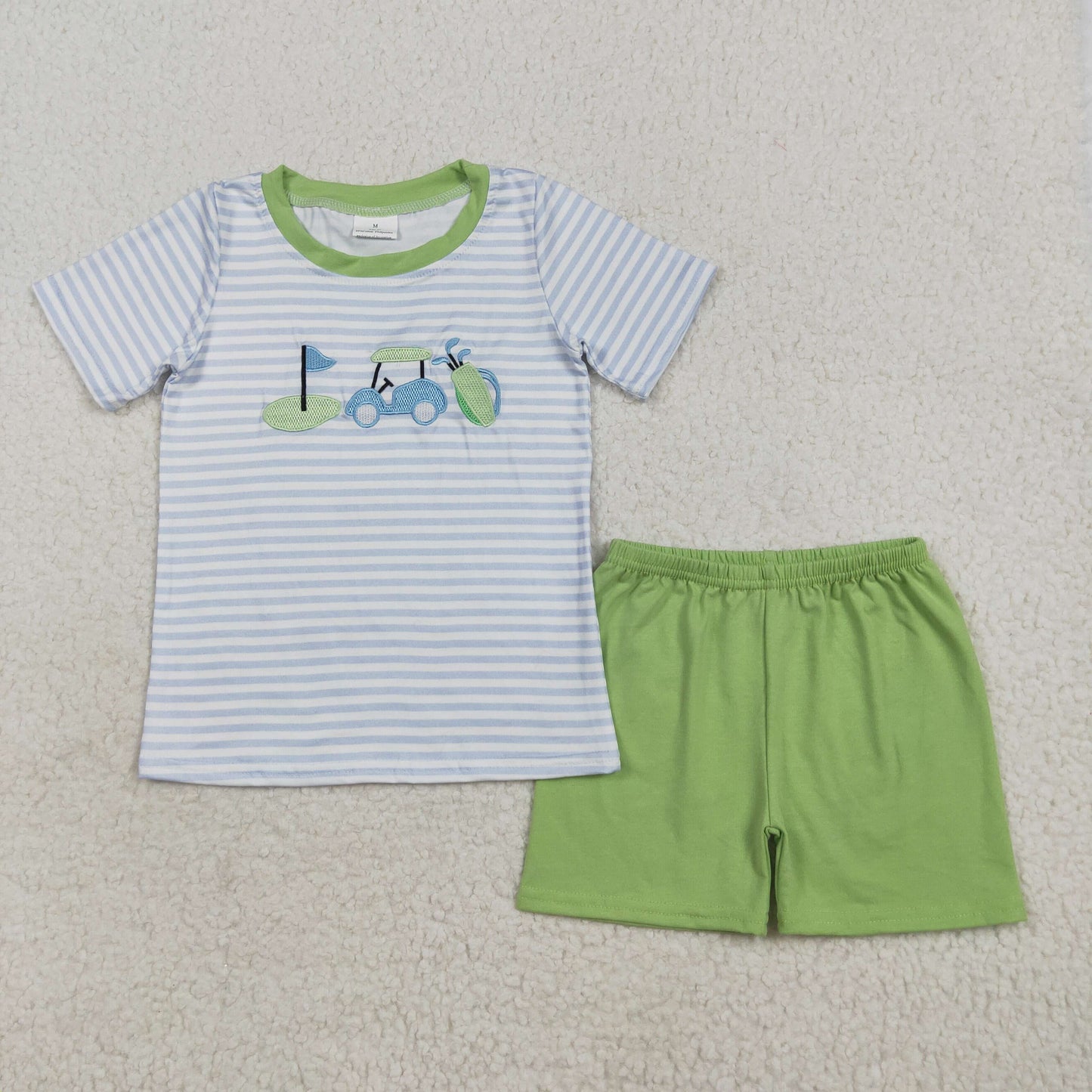 BSSO1504 Golf Embroidery Stripes Top Green Shorts Boys Summer Clothes Set