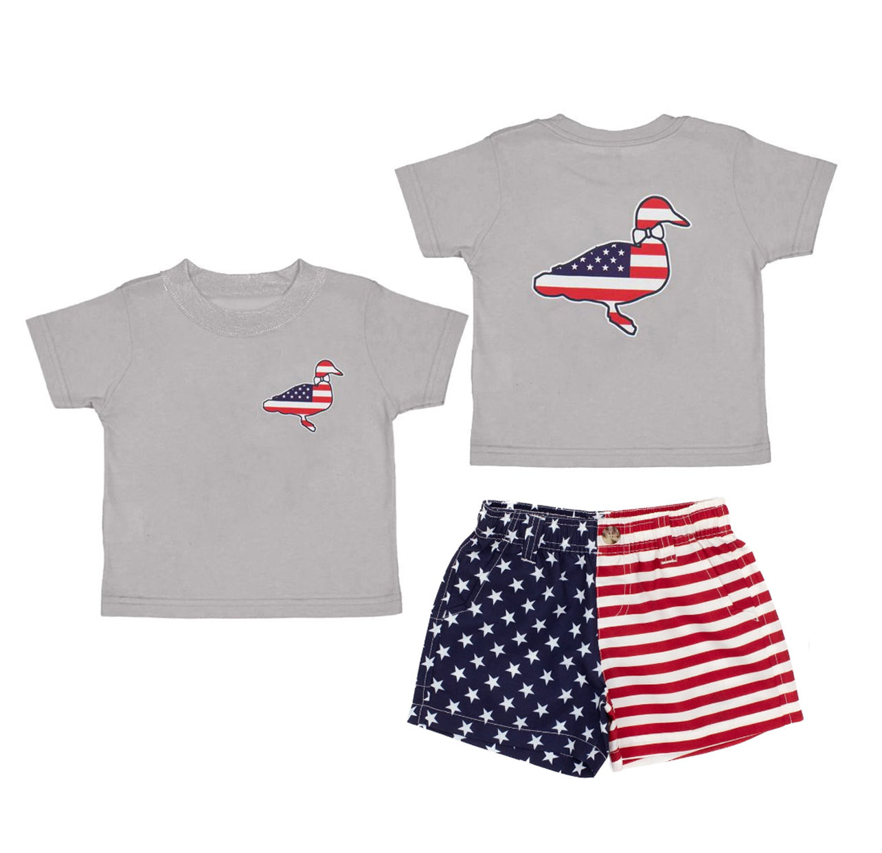 (Pre-order)BSSO1505 Duck Grey Top Stars Stripes Shorts Boys 4th of July Clothes Set