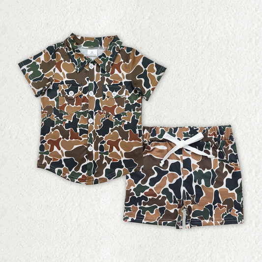 BSSO1512  Brown Camo Pockets Top Shorts Boys Summer Clothes Set