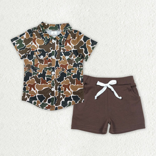 BSSO1513  Brown Camo Pockets Top Shorts Boys Summer Clothes Set