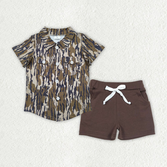 BSSO1514  Camo Pockets Top Brown Shorts Boys Summer Clothes Set