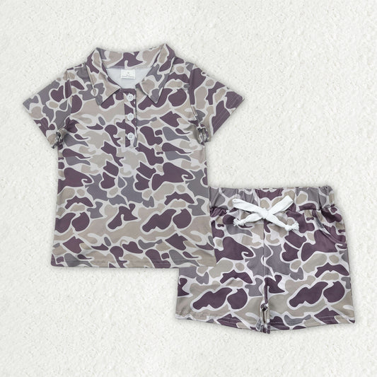 BSSO1521  Grey Camo Polo Top Pockets Shorts Boys Summer Clothes Set